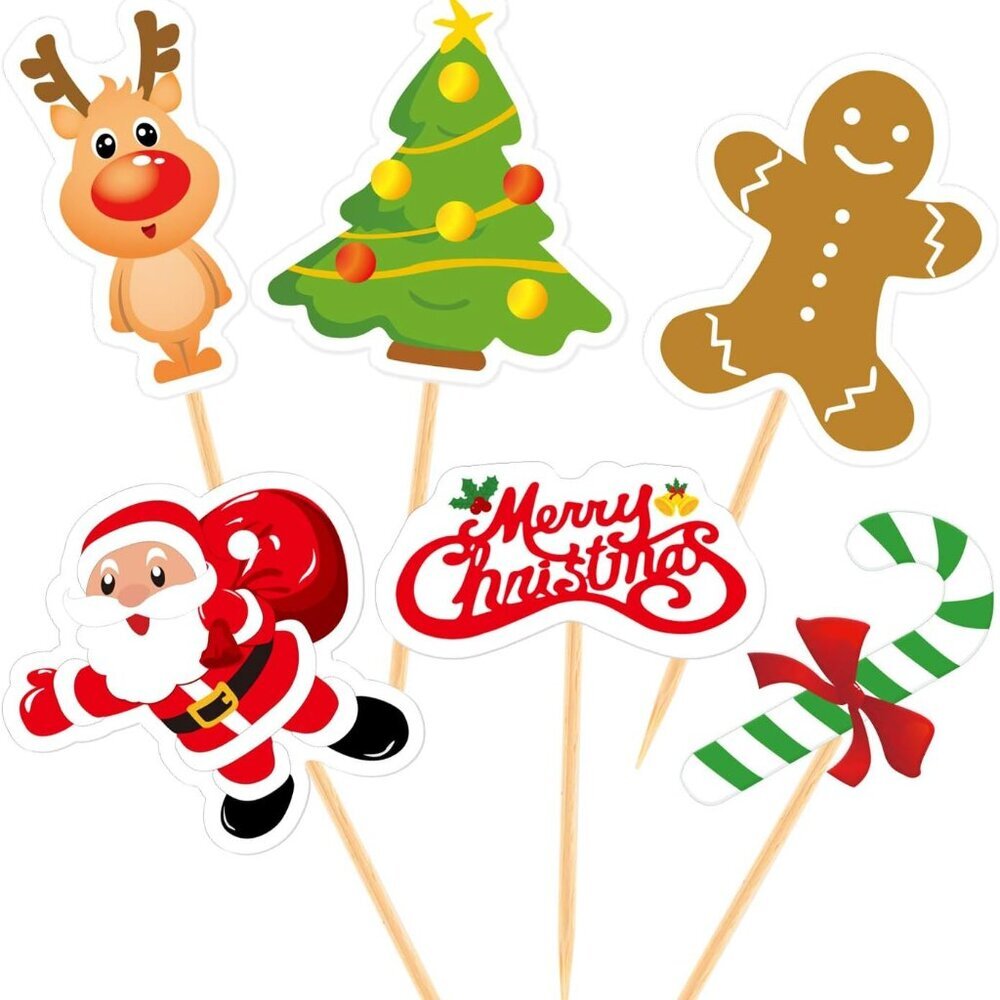 60 Pieces Christmas Cupcake Toppers Picks Merry Christmas Toothpick Flags for Ca